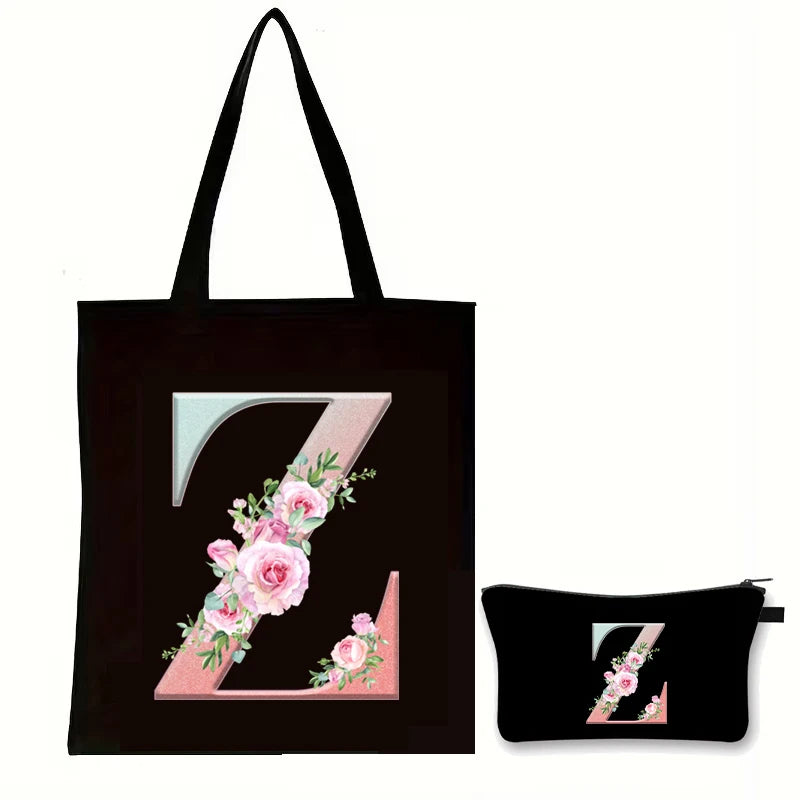 Rose Floral Letter Zipper Makeup Pouch Travel Essentials Storage Tote Bag Women Vintage Flower Alphabet Handbag Cosmetic Bag Set