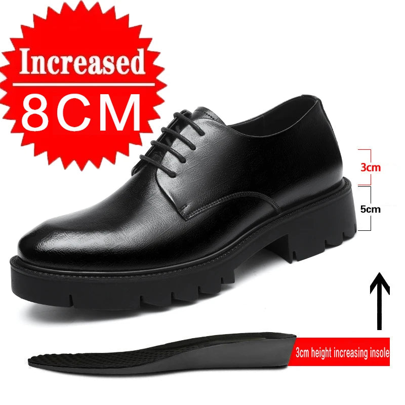 Men's Leather Elevator Shoes Invisible Height Increase 10CM 8CM Brogue Leather Shoes Men Black Formal Groom Wedding Shoes