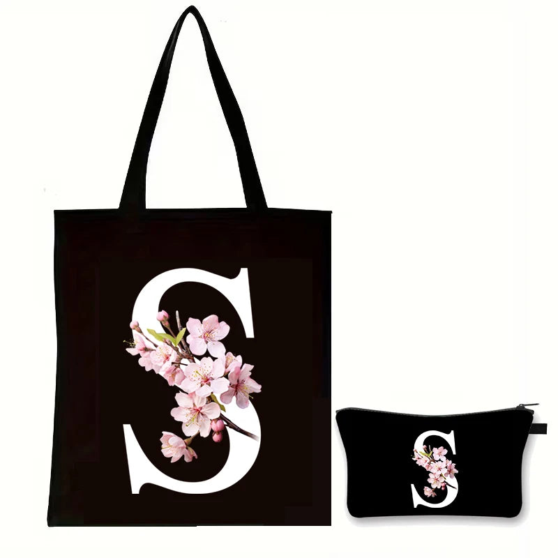 Cherry Blossom Initials Alphabet Cosmetic Bags Women Vintage Floral Letter A-Z Handbag Fashion Girl Makeup Bag Shoulder Bags Set