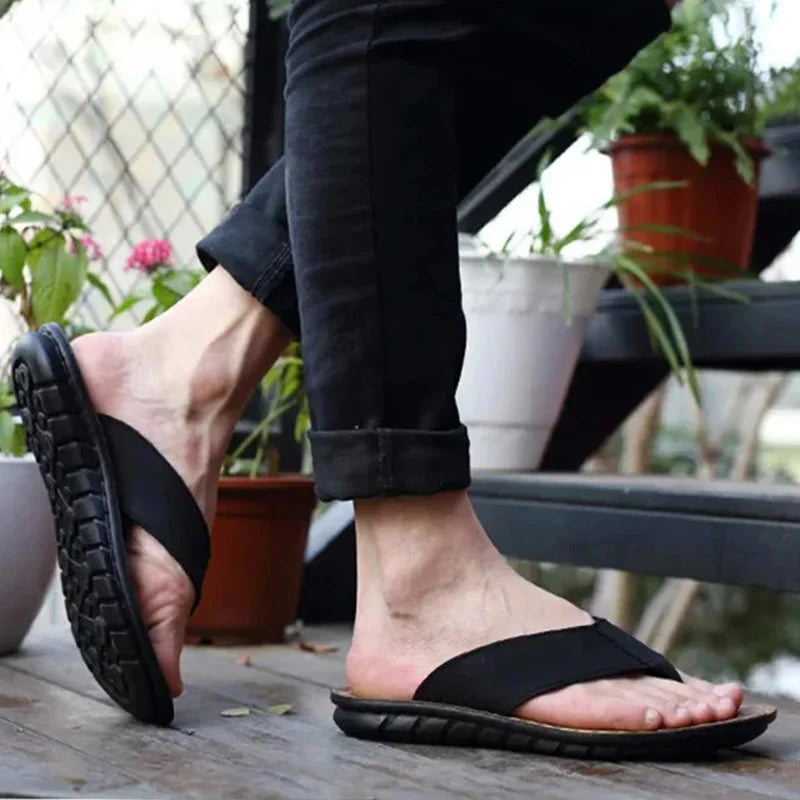 Summer Shoes Men Slippers Genuine Leather Mens Flip Flops Flat Mens Sandals Holiday Non-slip Black Khaki A673