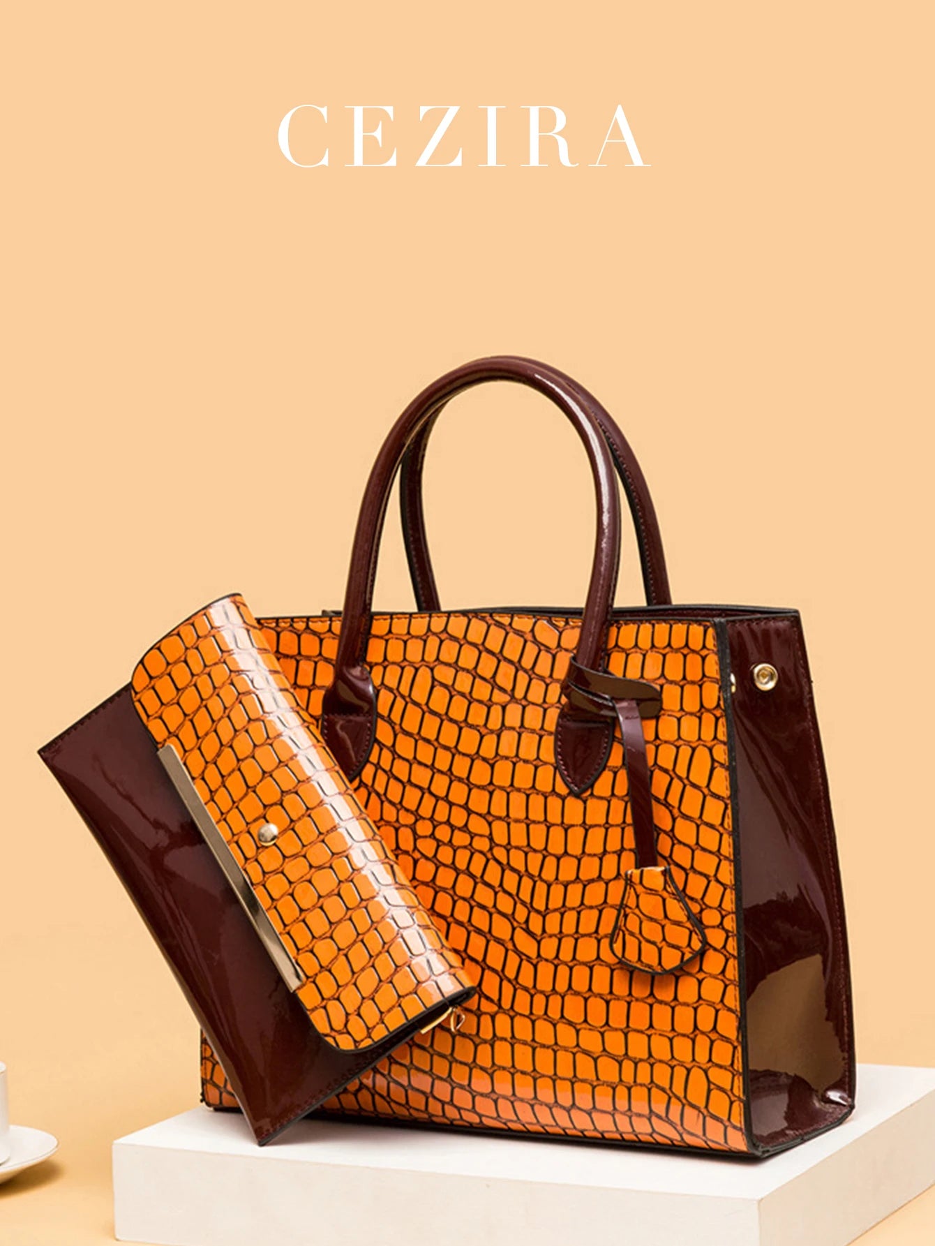 CEZIRA Women 2 pcs Handbags Set Luxury Fashion PU Leather Tote Top-handle Bag Flap Cover Purse with Adjustable Long Strap Daily