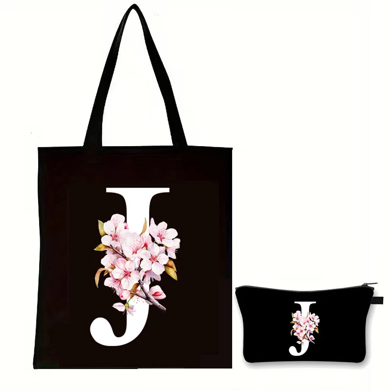 Cherry Blossom Initials Alphabet Cosmetic Bags Women Vintage Floral Letter A-Z Handbag Fashion Girl Makeup Bag Shoulder Bags Set