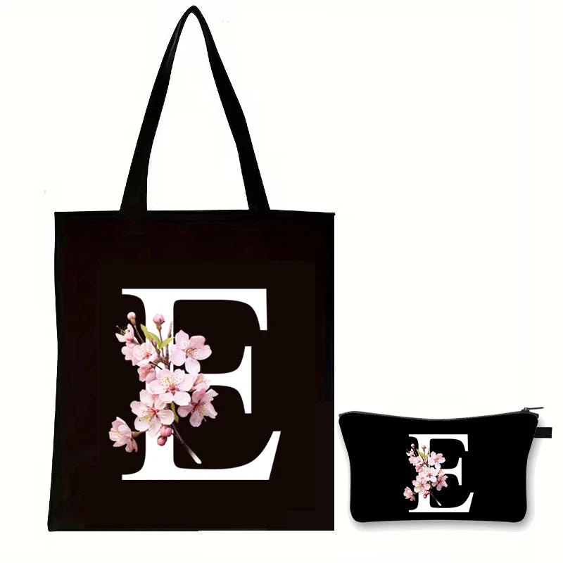 Cherry Blossom Initials Alphabet Cosmetic Bags Women Vintage Floral Letter A-Z Handbag Fashion Girl Makeup Bag Shoulder Bags Set