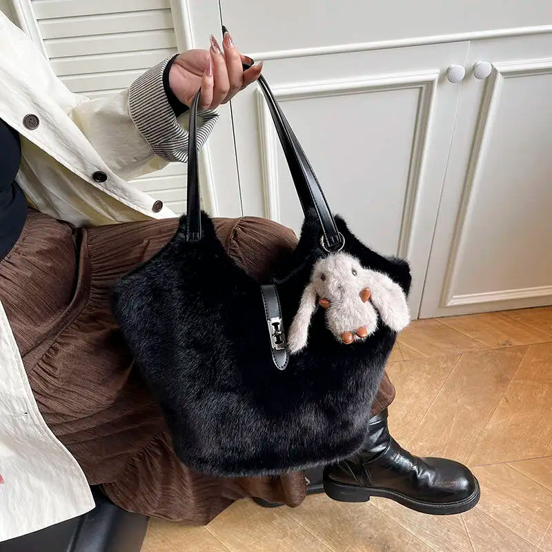 New Fur Shoulder Bag with Rabbit Plush Charm Zipper Closure Soft Texture Casual Fashion Large Capacity Handbag Unisex Minimalist