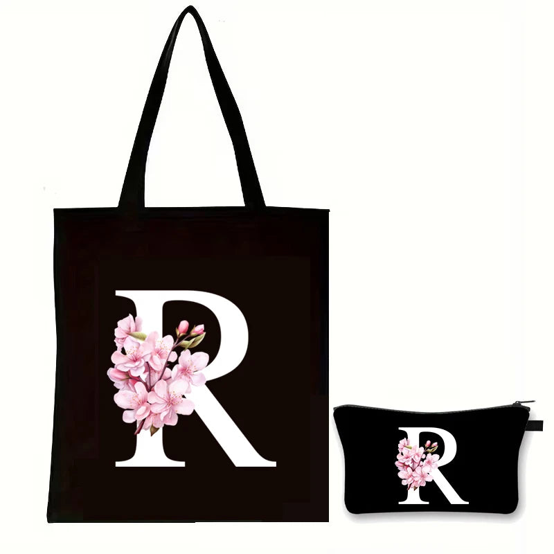 Cherry Blossom Initials Alphabet Cosmetic Bags Women Vintage Floral Letter A-Z Handbag Fashion Girl Makeup Bag Shoulder Bags Set