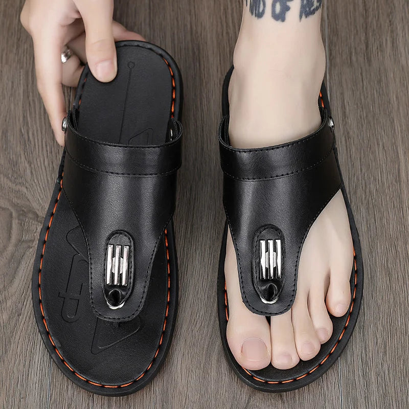 2025 New Men's Outerwear Beach Shoes, Korean-style Trendy Rubber Sandals, Summer Handmade Leather Sandals