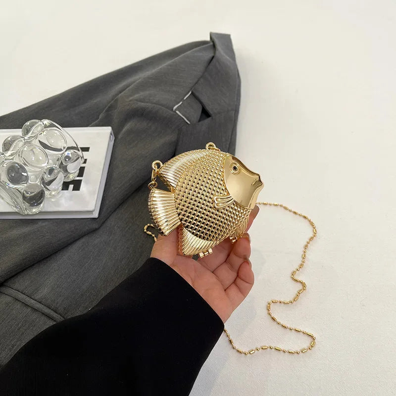 Cute Little Fish Shape Metal Mini Shoulder Crossbody Bag Lady Fashion Lipstick Bag Gold Silver Purse Handbag Evening Clutch Bag