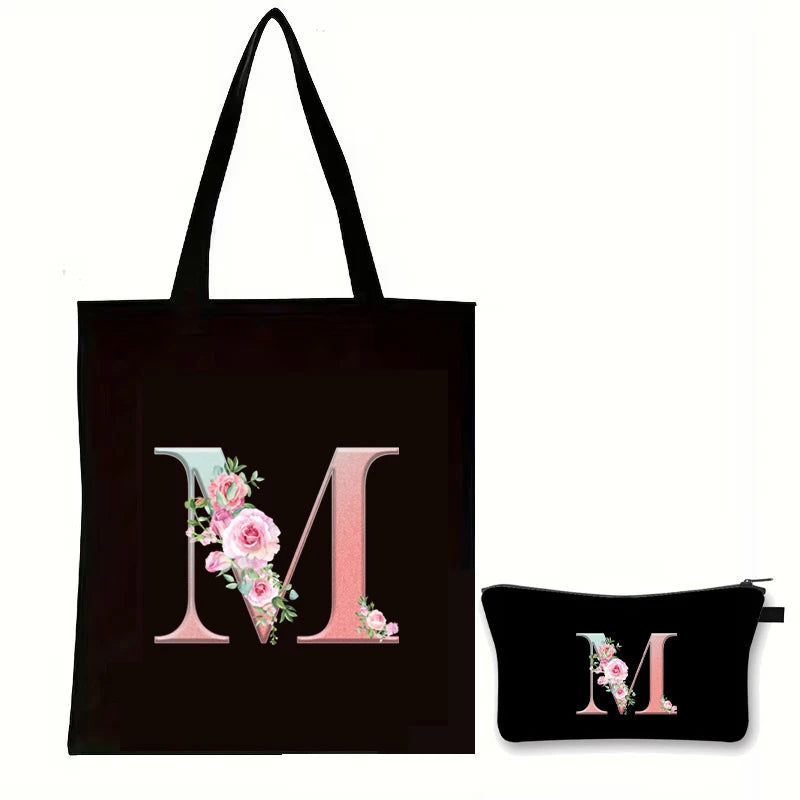 Rose Floral Letter Zipper Makeup Pouch Travel Essentials Storage Tote Bag Women Vintage Flower Alphabet Handbag Cosmetic Bag Set