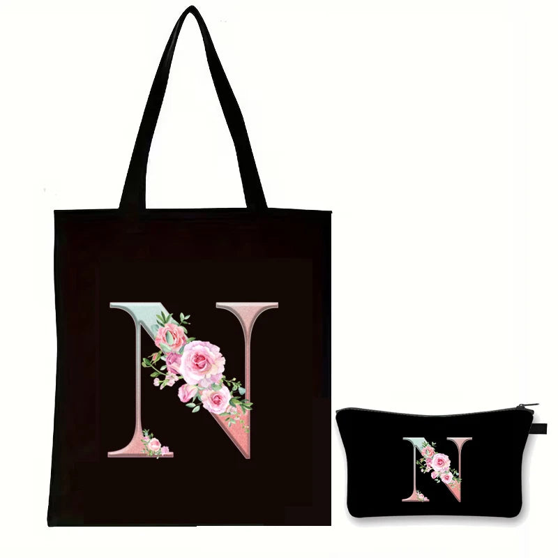 Rose Floral Letter Zipper Makeup Pouch Travel Essentials Storage Tote Bag Women Vintage Flower Alphabet Handbag Cosmetic Bag Set