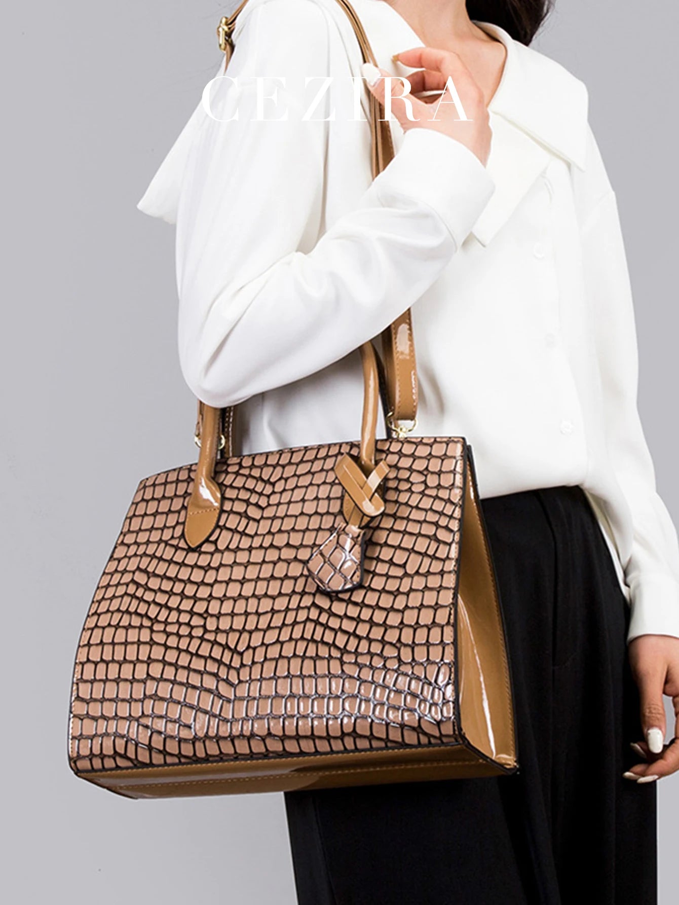 CEZIRA Women 2 pcs Handbags Set Luxury Fashion PU Leather Tote Top-handle Bag Flap Cover Purse with Adjustable Long Strap Daily