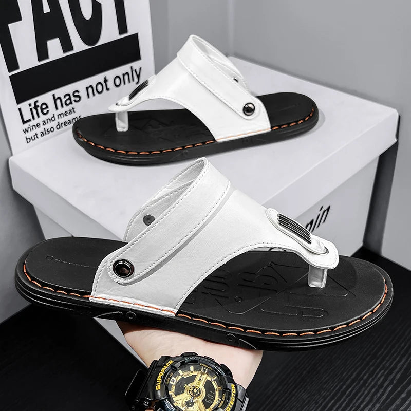 2025 New Men's Outerwear Beach Shoes, Korean-style Trendy Rubber Sandals, Summer Handmade Leather Sandals