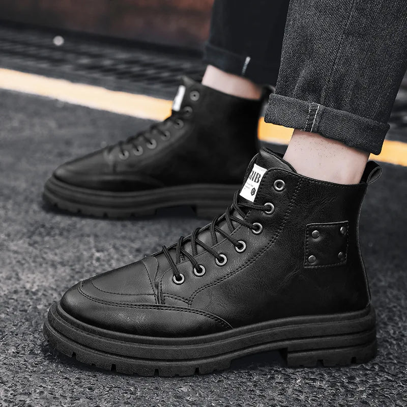 Men Boots Fashion Leather Men Motorcycle Boots Designer British Style Ankle Boots New Outdoor Non-Slip Men High Top Sports Shoes