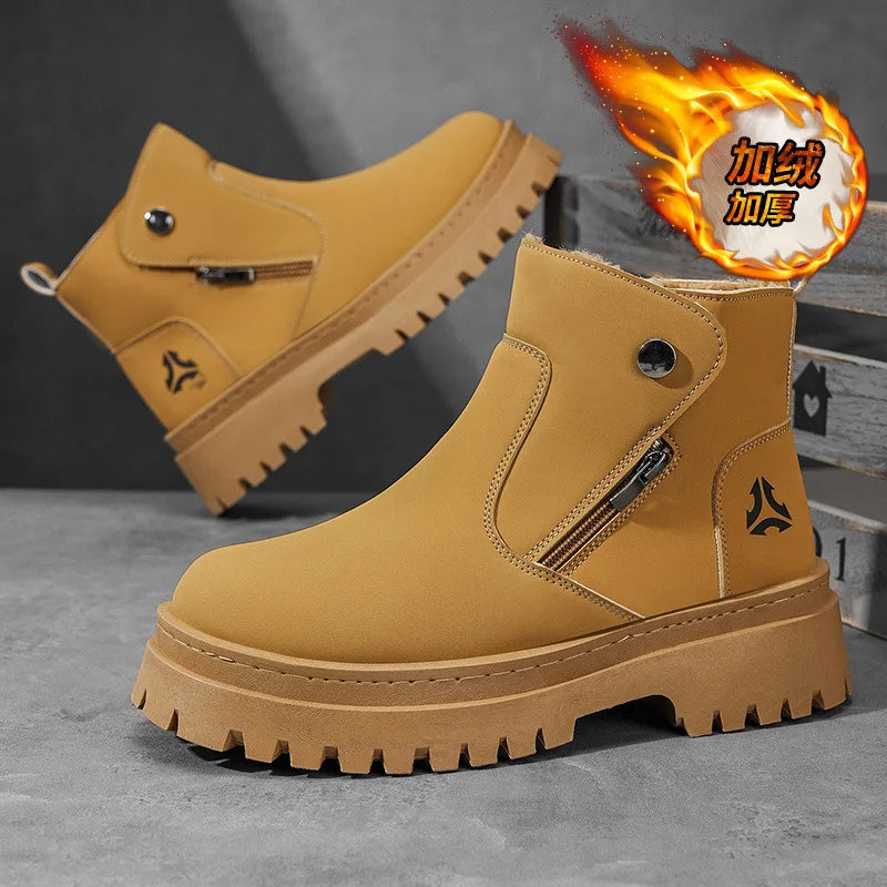 Men High-top Shoes Outdoor Waterproof Leather Boot Fashion Casual Ankle Boot Thicke Plush Warm Winter Boots for Men Botas Hombre