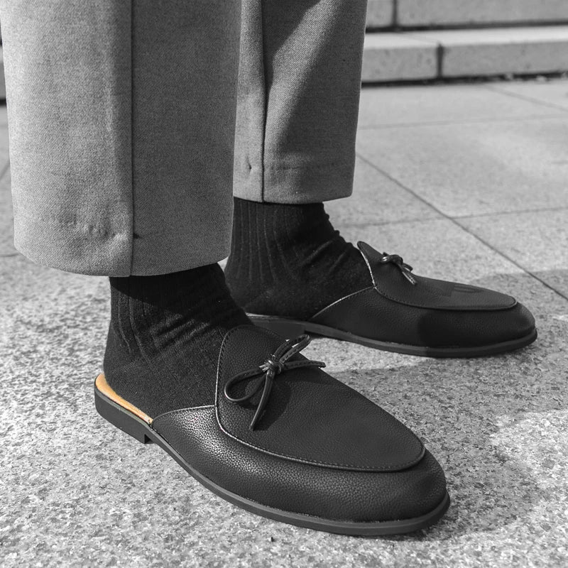 Men Fashion Slippers Men One Step Casual Comfortable Half Dragged Small Leather Shoes Men Outdoor Business Slippers Size 38-44