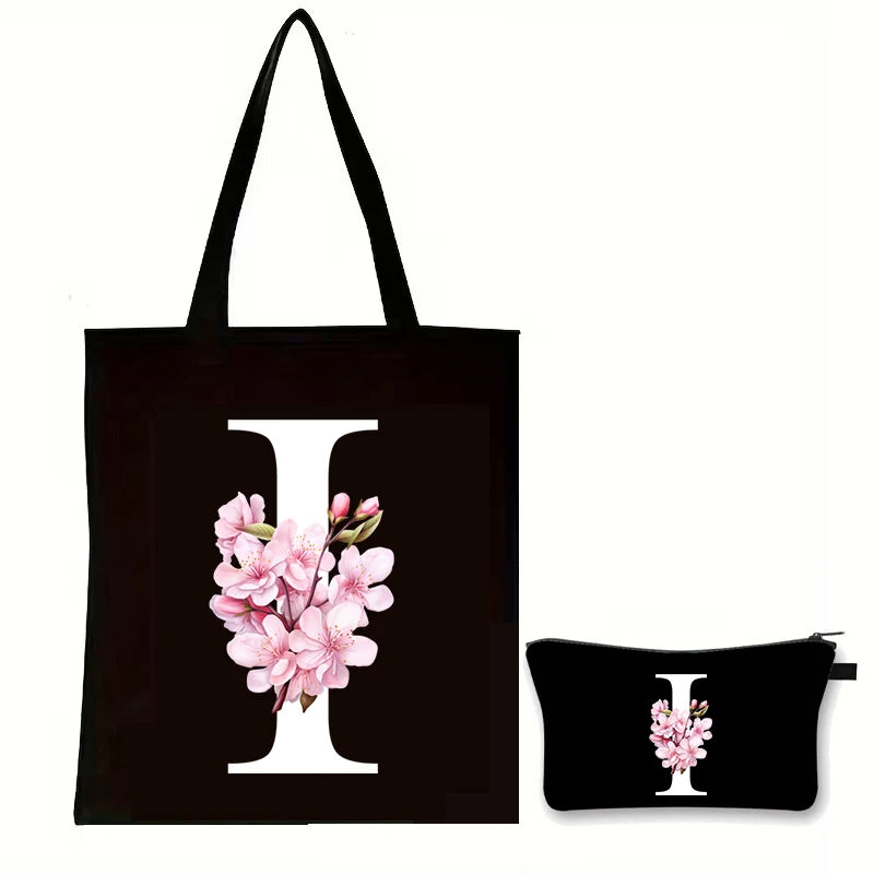 Cherry Blossom Initials Alphabet Cosmetic Bags Women Vintage Floral Letter A-Z Handbag Fashion Girl Makeup Bag Shoulder Bags Set