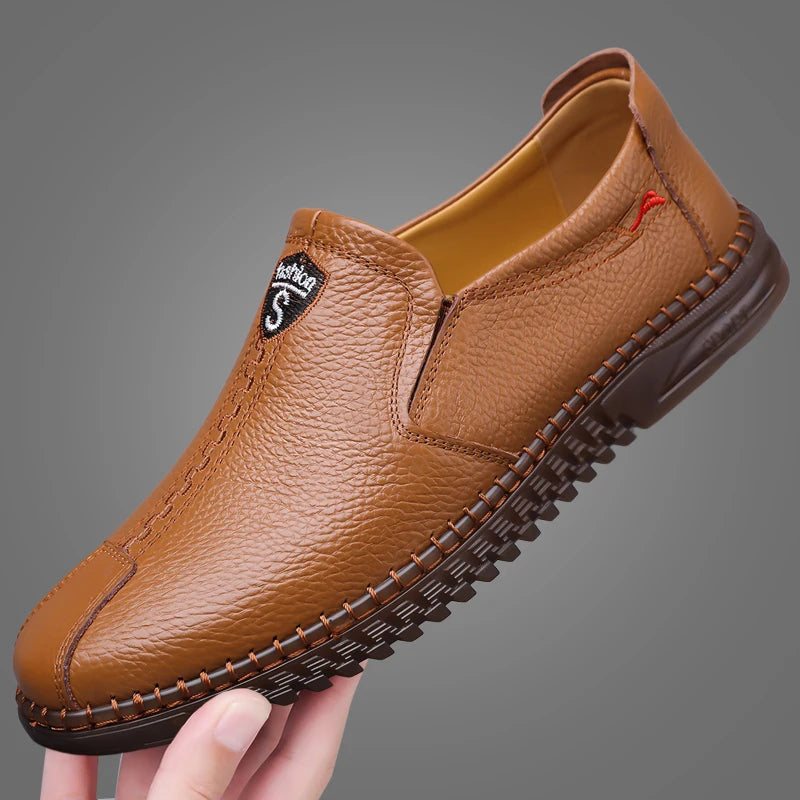 Men's Casual Leather Low-heeled Open-toe Slip-on Stylish All-weather Model Soft-soled Retro One-piece Large-sized New Loafers