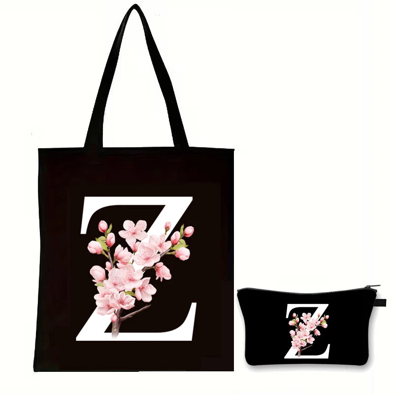 Cherry Blossom Initials Alphabet Cosmetic Bags Women Vintage Floral Letter A-Z Handbag Fashion Girl Makeup Bag Shoulder Bags Set