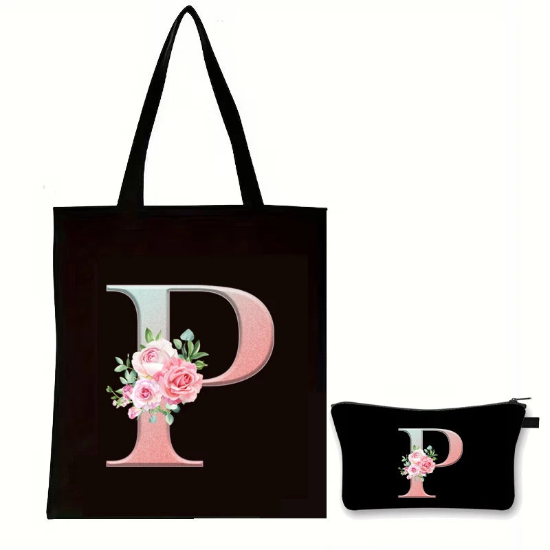 Rose Floral Letter Zipper Makeup Pouch Travel Essentials Storage Tote Bag Women Vintage Flower Alphabet Handbag Cosmetic Bag Set