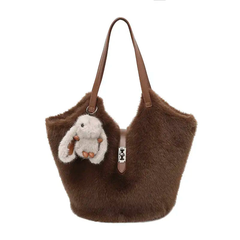 New Fur Shoulder Bag with Rabbit Plush Charm Zipper Closure Soft Texture Casual Fashion Large Capacity Handbag Unisex Minimalist