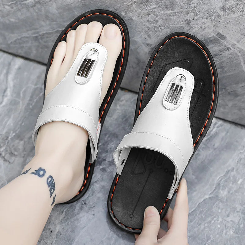 2025 New Men's Outerwear Beach Shoes, Korean-style Trendy Rubber Sandals, Summer Handmade Leather Sandals