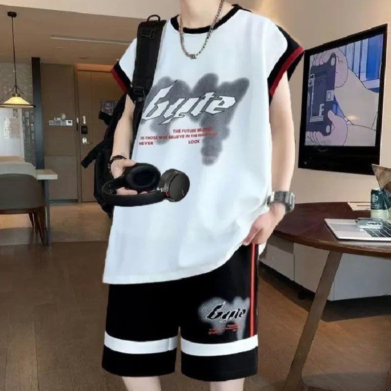 Men's Summer Hong Kong Style Sleeveless Tank Top Set 2025 New Streetwear Loose Fit Teens Casual Two Piece Outfit