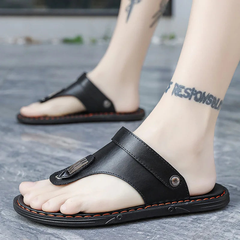 2025 New Men's Outerwear Beach Shoes, Korean-style Trendy Rubber Sandals, Summer Handmade Leather Sandals