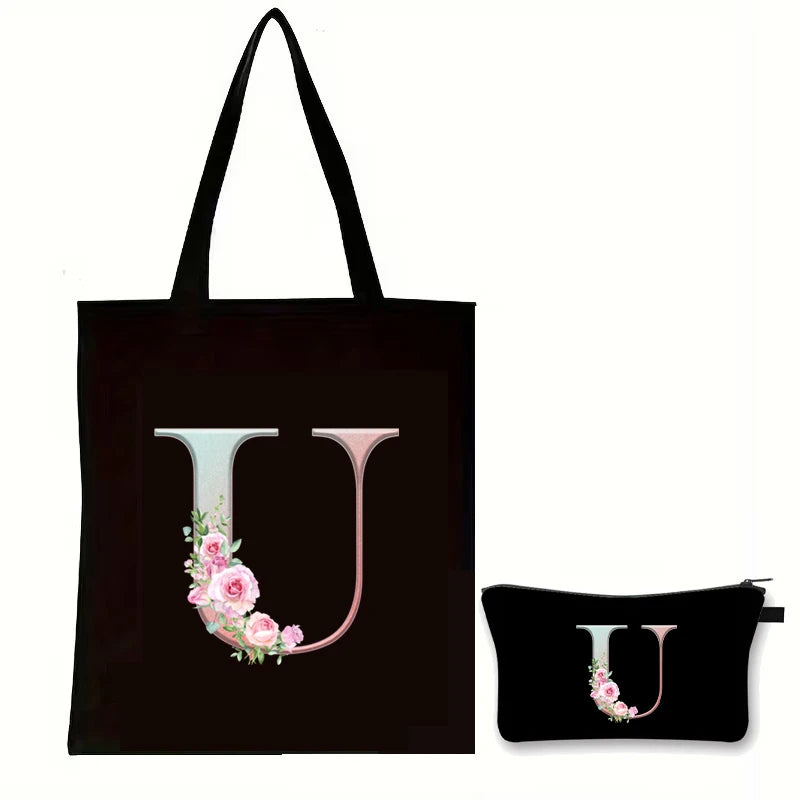 Rose Floral Letter Zipper Makeup Pouch Travel Essentials Storage Tote Bag Women Vintage Flower Alphabet Handbag Cosmetic Bag Set