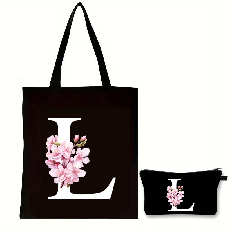 Cherry Blossom Initials Alphabet Cosmetic Bags Women Vintage Floral Letter A-Z Handbag Fashion Girl Makeup Bag Shoulder Bags Set