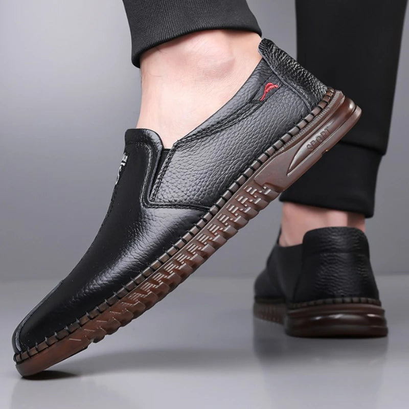 Men's Casual Leather Low-heeled Open-toe Slip-on Stylish All-weather Model Soft-soled Retro One-piece Large-sized New Loafers