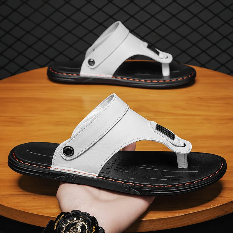 2025 New Men's Outerwear Beach Shoes, Korean-style Trendy Rubber Sandals, Summer Handmade Leather Sandals