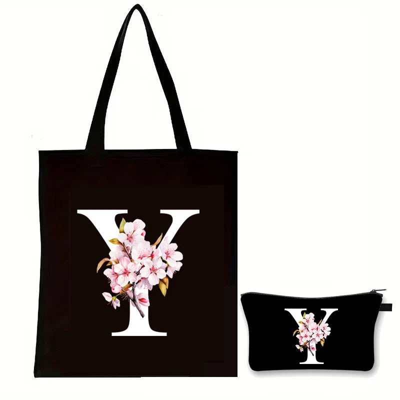 Cherry Blossom Initials Alphabet Cosmetic Bags Women Vintage Floral Letter A-Z Handbag Fashion Girl Makeup Bag Shoulder Bags Set
