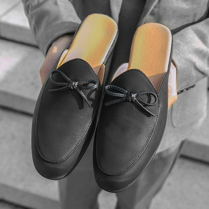 Men Fashion Slippers Men One Step Casual Comfortable Half Dragged Small Leather Shoes Men Outdoor Business Slippers Size 38-44