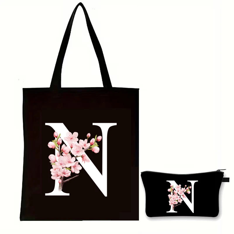 Cherry Blossom Initials Alphabet Cosmetic Bags Women Vintage Floral Letter A-Z Handbag Fashion Girl Makeup Bag Shoulder Bags Set