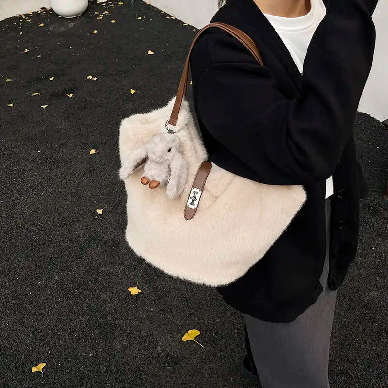New Fur Shoulder Bag with Rabbit Plush Charm Zipper Closure Soft Texture Casual Fashion Large Capacity Handbag Unisex Minimalist