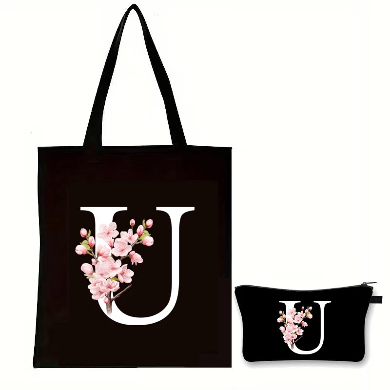 Cherry Blossom Initials Alphabet Cosmetic Bags Women Vintage Floral Letter A-Z Handbag Fashion Girl Makeup Bag Shoulder Bags Set