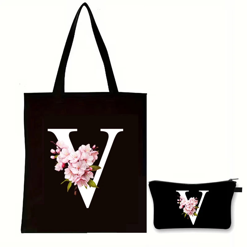Cherry Blossom Initials Alphabet Cosmetic Bags Women Vintage Floral Letter A-Z Handbag Fashion Girl Makeup Bag Shoulder Bags Set