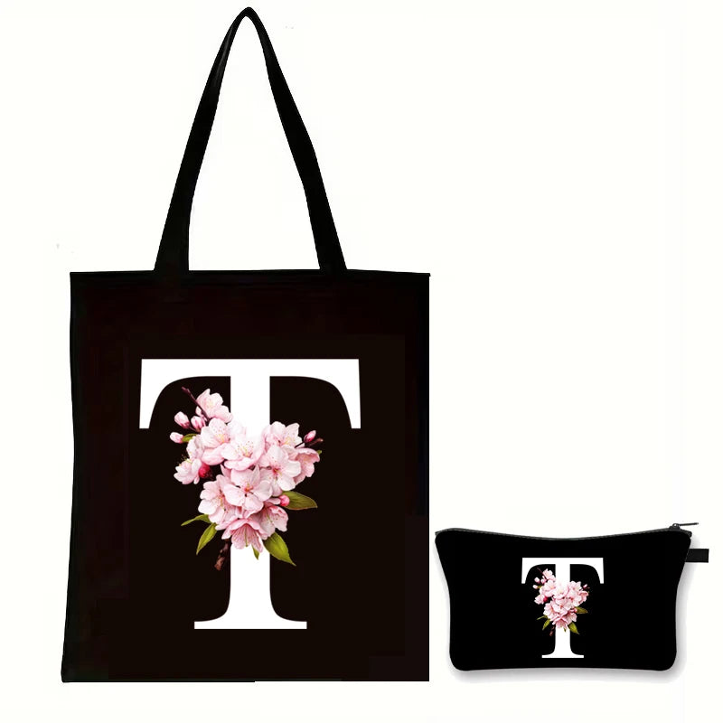 Cherry Blossom Initials Alphabet Cosmetic Bags Women Vintage Floral Letter A-Z Handbag Fashion Girl Makeup Bag Shoulder Bags Set