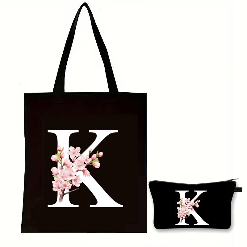 Cherry Blossom Initials Alphabet Cosmetic Bags Women Vintage Floral Letter A-Z Handbag Fashion Girl Makeup Bag Shoulder Bags Set