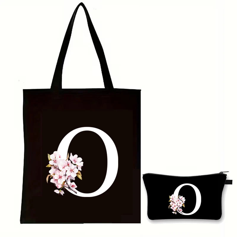 Cherry Blossom Initials Alphabet Cosmetic Bags Women Vintage Floral Letter A-Z Handbag Fashion Girl Makeup Bag Shoulder Bags Set