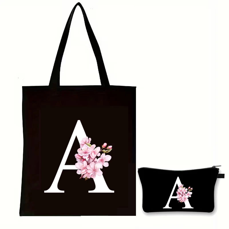 Cherry Blossom Initials Alphabet Cosmetic Bags Women Vintage Floral Letter A-Z Handbag Fashion Girl Makeup Bag Shoulder Bags Set