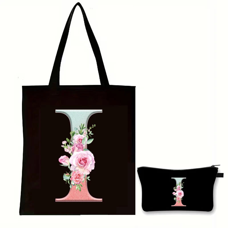 Rose Floral Letter Zipper Makeup Pouch Travel Essentials Storage Tote Bag Women Vintage Flower Alphabet Handbag Cosmetic Bag Set