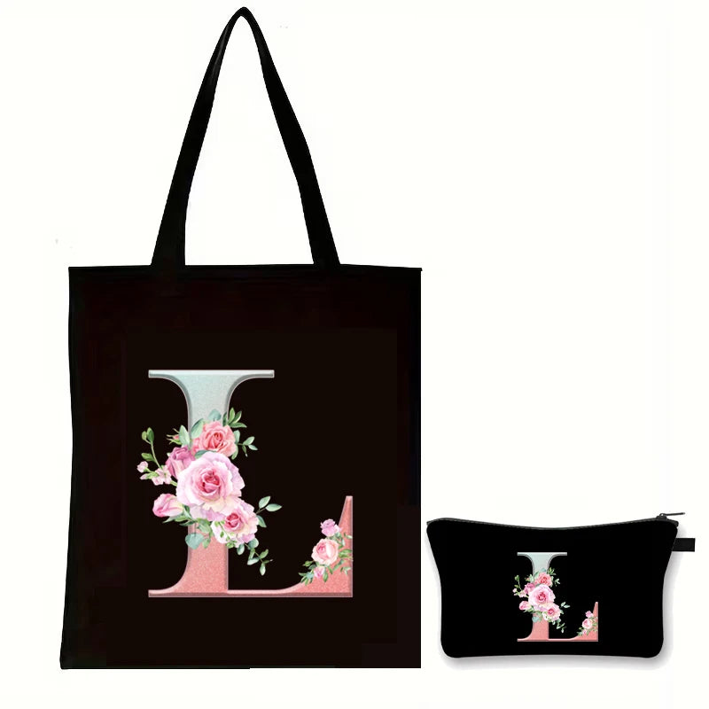 Rose Floral Letter Zipper Makeup Pouch Travel Essentials Storage Tote Bag Women Vintage Flower Alphabet Handbag Cosmetic Bag Set