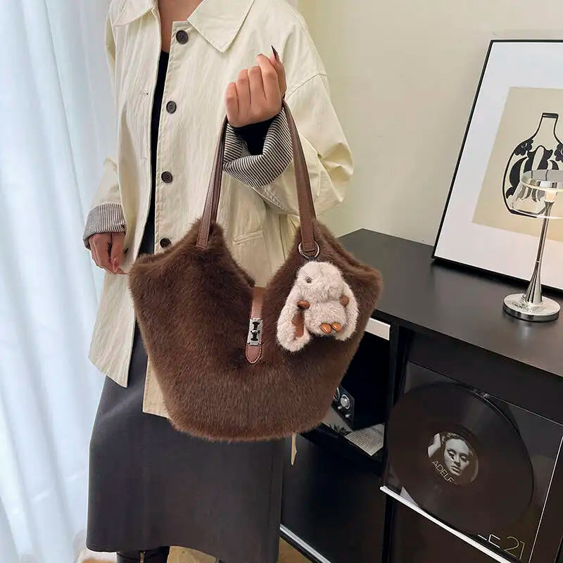 New Fur Shoulder Bag with Rabbit Plush Charm Zipper Closure Soft Texture Casual Fashion Large Capacity Handbag Unisex Minimalist