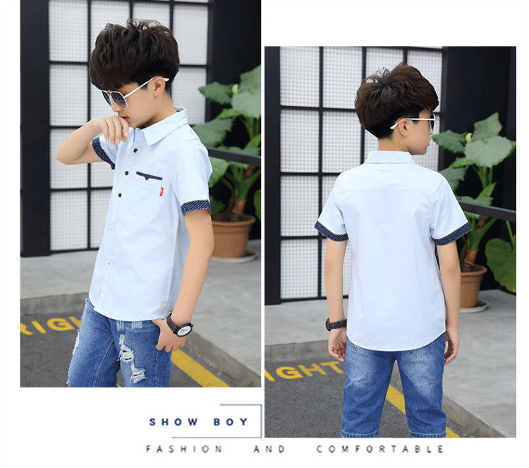 School Boys Shirts Short Sleeve Blouses For Boys Children Clothing Cotton Turn-Down Collar Kids Tops 5 7 9 11 13 15 Years Old