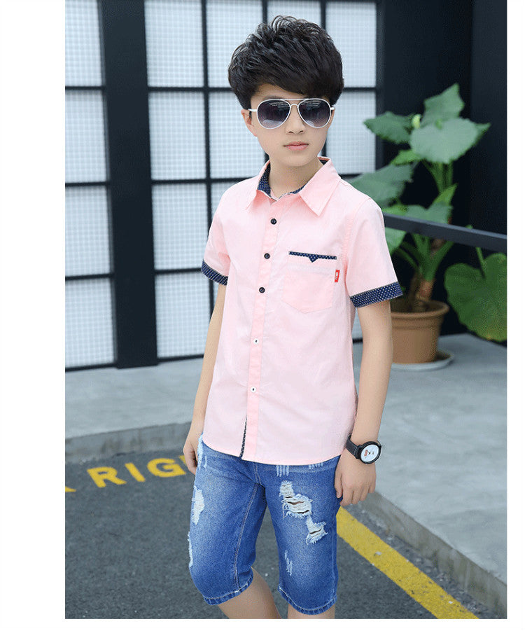 School Boys Shirts Short Sleeve Blouses For Boys Children Clothing Cotton Turn-Down Collar Kids Tops 5 7 9 11 13 15 Years Old