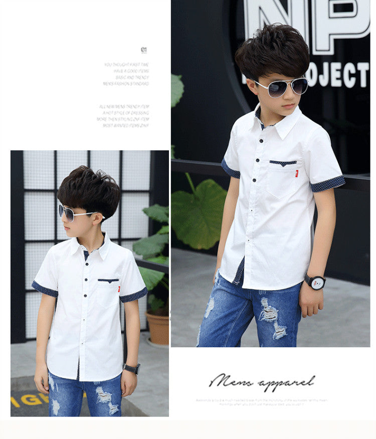 School Boys Shirts Short Sleeve Blouses For Boys Children Clothing Cotton Turn-Down Collar Kids Tops 5 7 9 11 13 15 Years Old