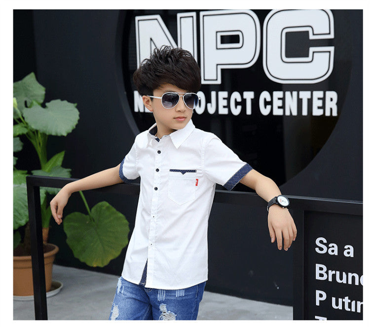 School Boys Shirts Short Sleeve Blouses For Boys Children Clothing Cotton Turn-Down Collar Kids Tops 5 7 9 11 13 15 Years Old