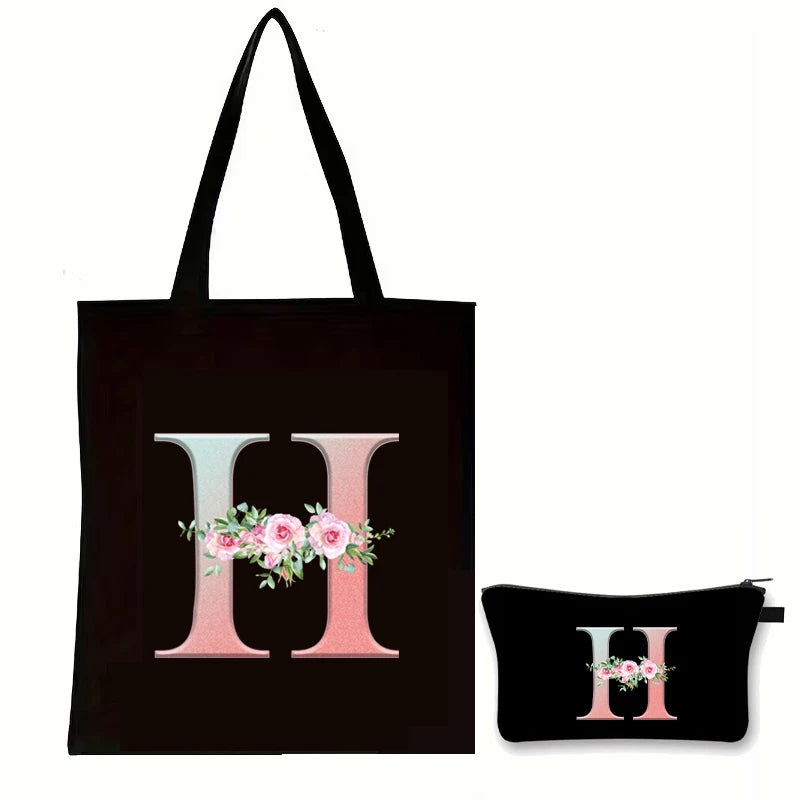 Rose Floral Letter Zipper Makeup Pouch Travel Essentials Storage Tote Bag Women Vintage Flower Alphabet Handbag Cosmetic Bag Set
