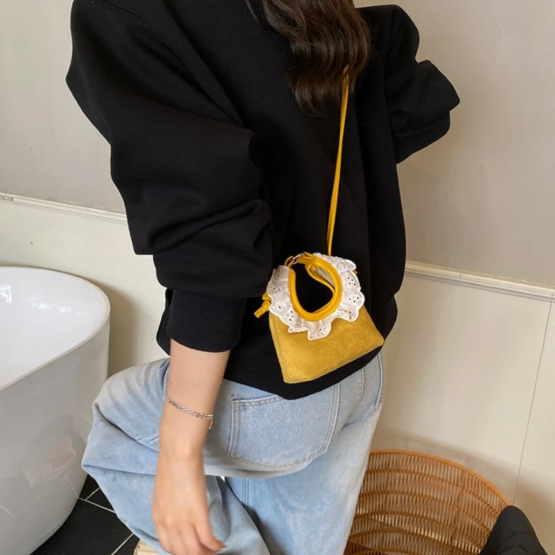 Mini Crossbody Bag with Lace Trim Vintage Denim Small Handbag for Women Lady Cute Casual Phone Bag Female Sling Shoulder Purse