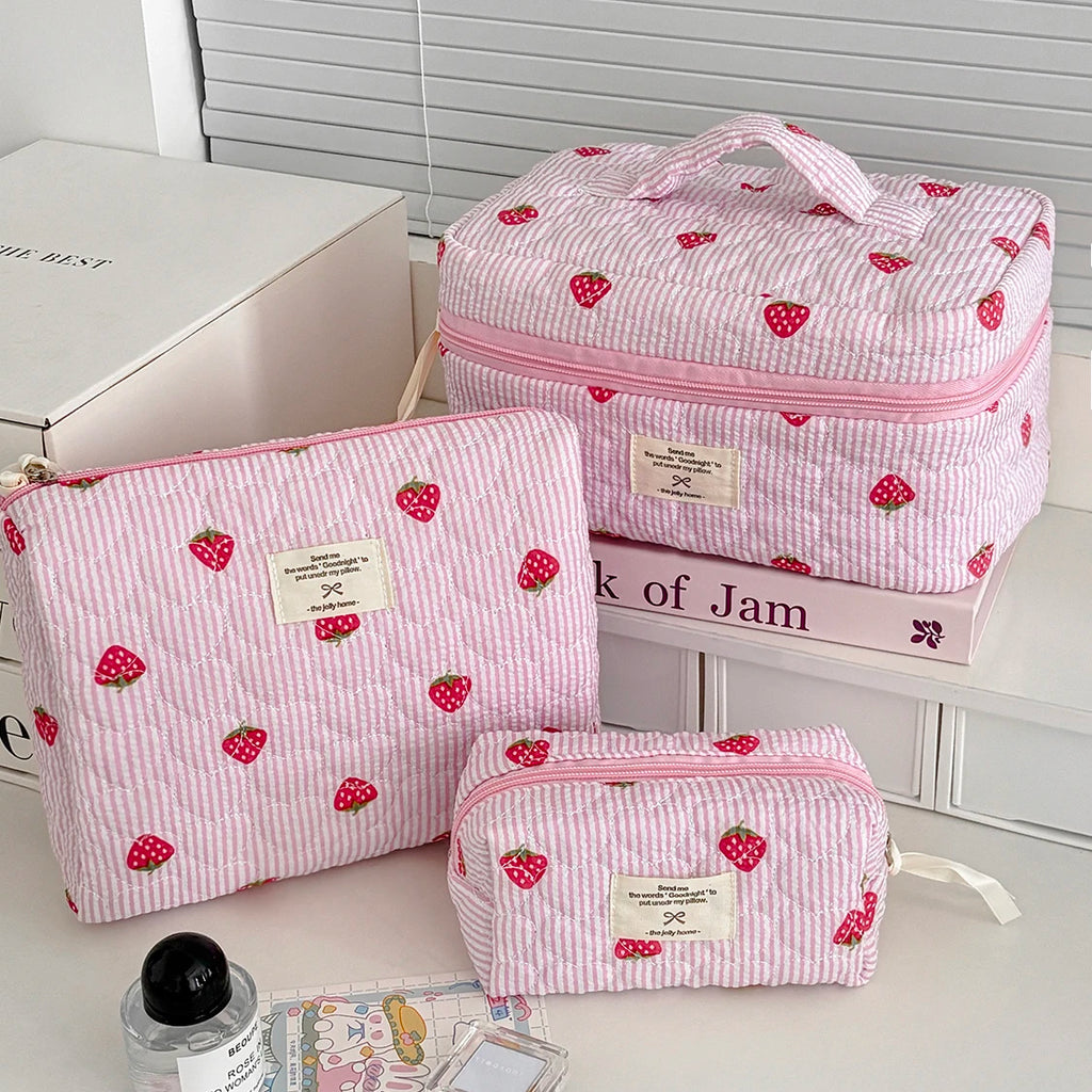 Fashion Pink Flower Women's Clutch Bag Sets Toiletry Makeup Tool Storage Pouch Quilting Cosmetics Organizers Handbag for Travel